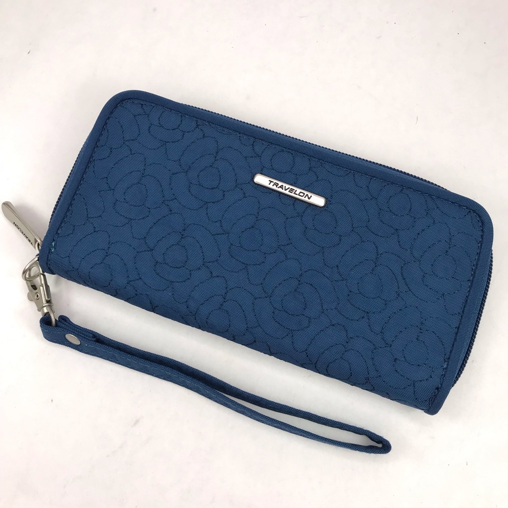 Travelon Wallet Safe ID RFID Blocking Zip Around Wristlet Strap Blue Floral